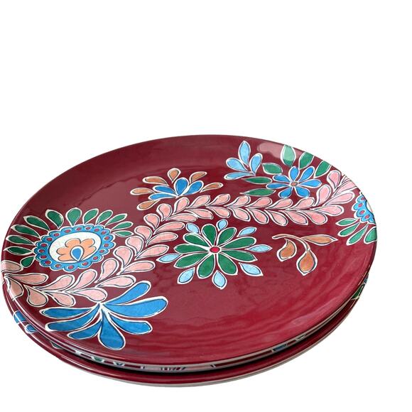 BUNGALOW Set of 4 Melamine 11" Dinner Plates Burgundy Multi Colored Floral NEW - Picture 8 of 10
